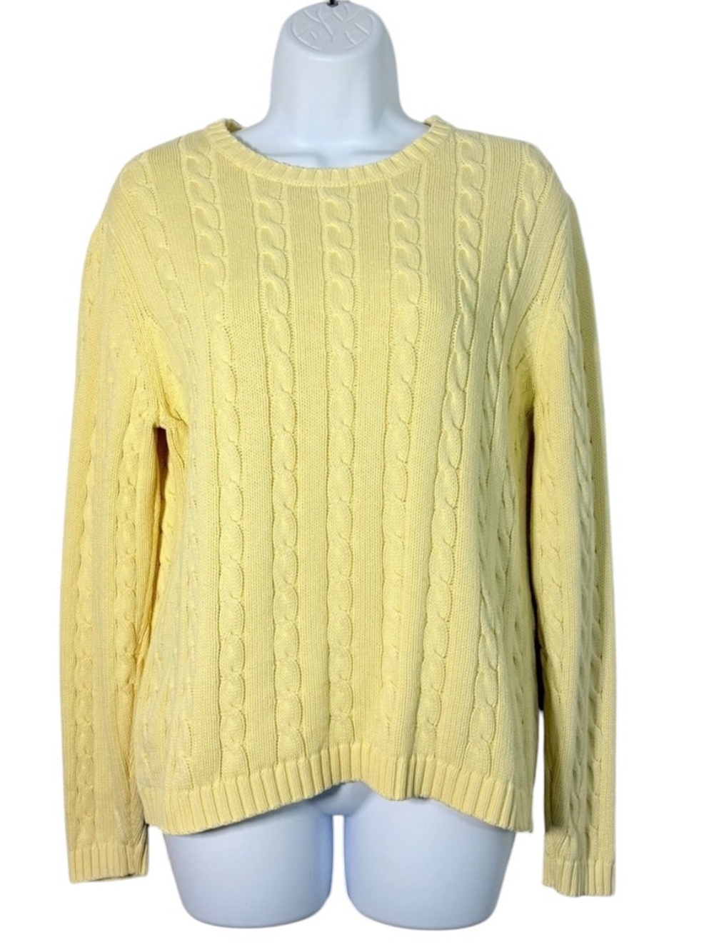 Lands' End Soft Butter Yellow Cable Knit Sweater SzM 10/12 Preppy Academia